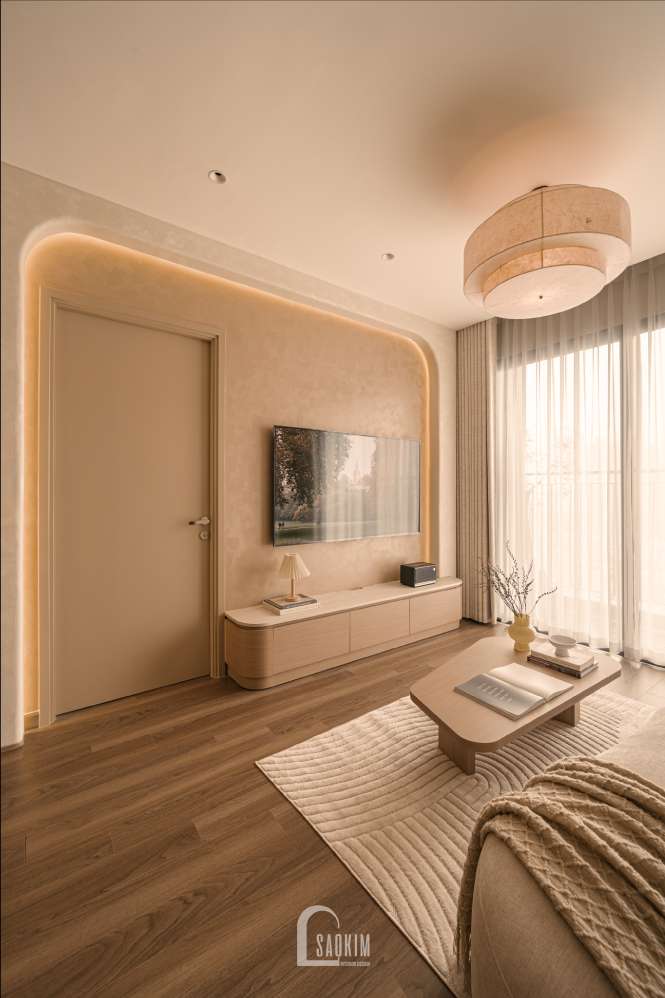 Không gian phòng khách trong dự án thiết kế thi công nội thất chung cư The Beverly phong cách  Wabi Sabi
